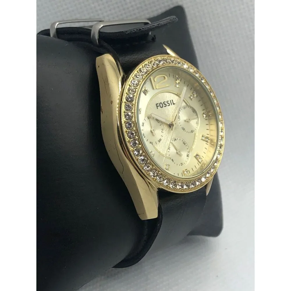 Fossil ES3343 Women's Black Leather Analog Champagne Dial Quartz Watch LP223